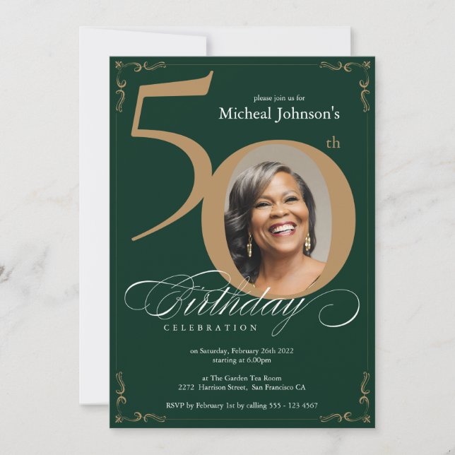 Elegant Gold Emerald Green 50th Birthday  Invitation (Front)
