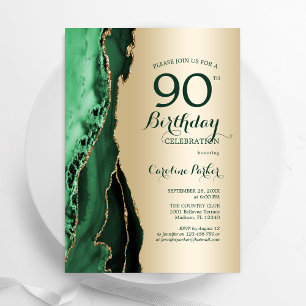 Elegant Gold Emerald Green Agate 90th Birthday Invitation