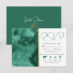 Elegant Gold Emerald Green Colour Wash Wedding RSVP Card