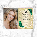 Elegant Gold Emerald Green Photo 50th Birthday Invitation<br><div class="desc">Elegant floral feminine 50th birthday invitation with your photo. Glam design with faux glitter gold. Features stripes, emerald green roses, script font and confetti. Perfect for a stylish adult bday celebration party. Personalise with your own details. Can be customised for any age! Printed Zazzle invitations or instant download digital printable...</div>