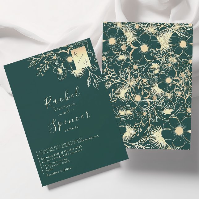 Elegant Gold Emerald Monogram Wedding Invitation (Creator Uploaded)