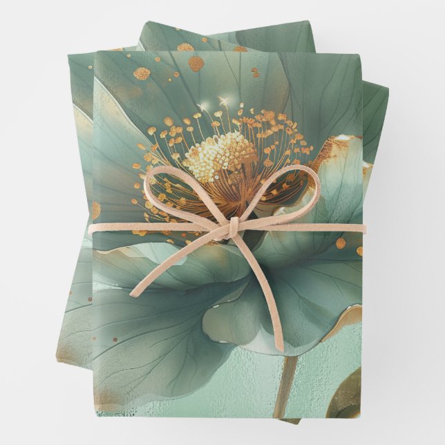 Elegant Gold & Emerald Poppy Wedding Wrapping  Paper Sheet (In situ)