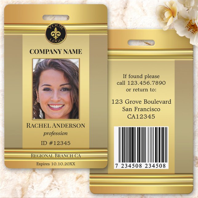 Elegant Gold Employee Photo ID ID Badge (Elegant gold design photo ID badge with space for your custom photo and logo)