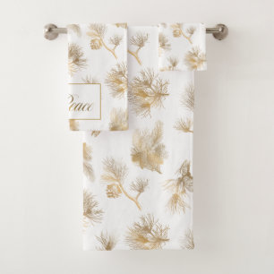 Elegant Gold Engraved Pine Bath Towel Set