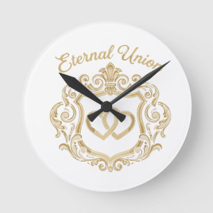 Elegant Gold Eternal Union Wedding Crest Ornate Round Clock