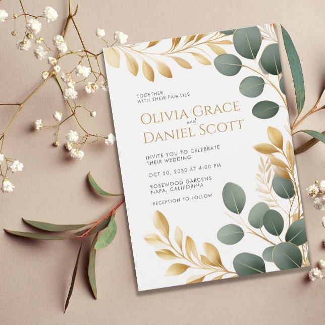 Elegant Gold Eucalyptus Botanical Wedding Invitation (Creator Uploaded)