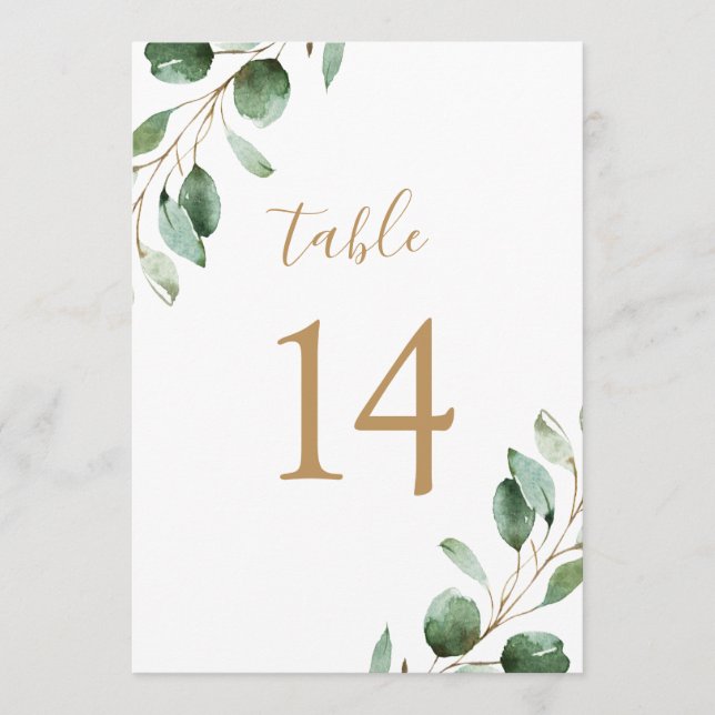 Elegant Gold Eucalyptus Greenery 5x7 Table Numbers (Front)