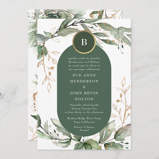 Elegant Gold Eucalyptus Greenery Boho Moss Green Invitation (Front/Back)