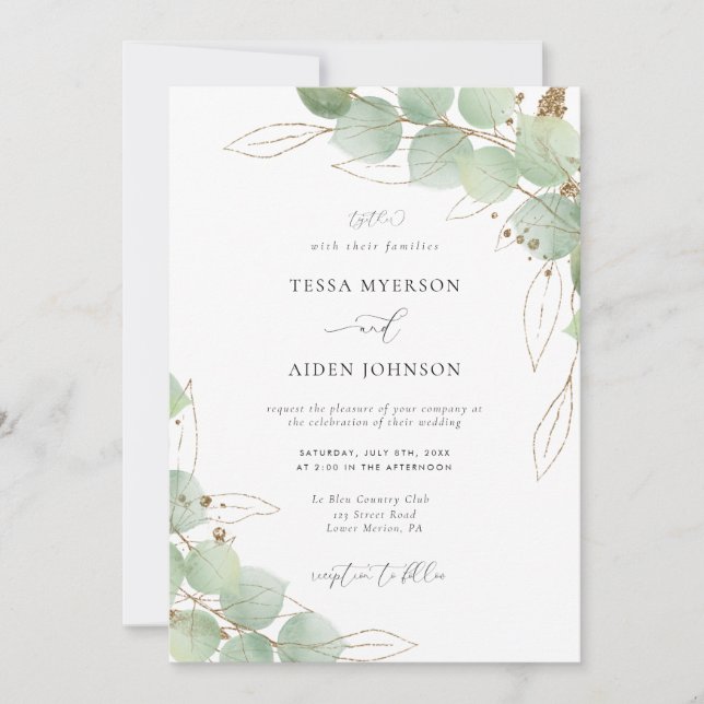 Elegant Gold Eucalyptus Greenery Wedding  Invitation (Front)