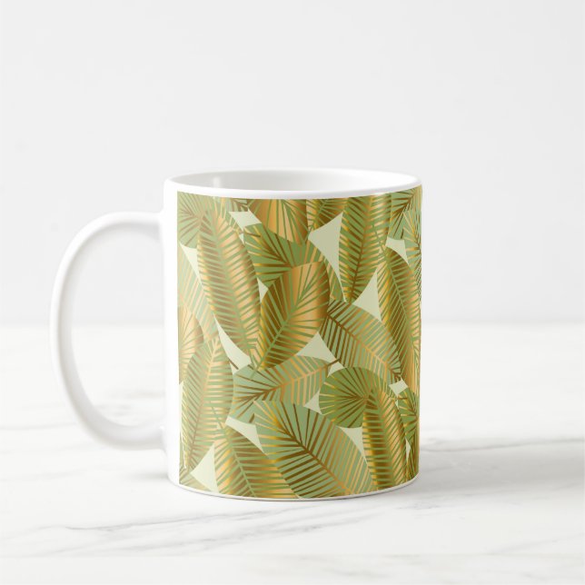 elegant gold exotic leaves seamless pattern on blu coffee mug (Left)