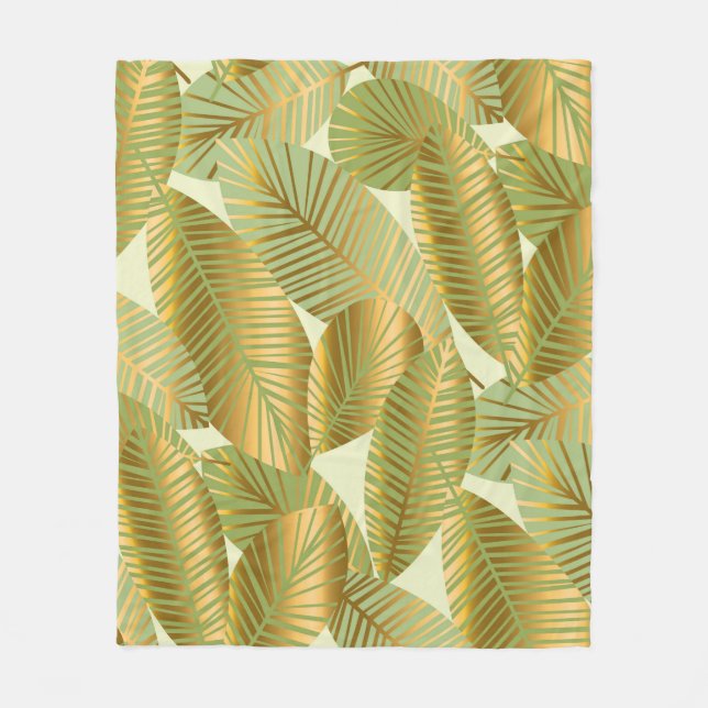 elegant gold exotic leaves seamless pattern on blu fleece blanket (Front)
