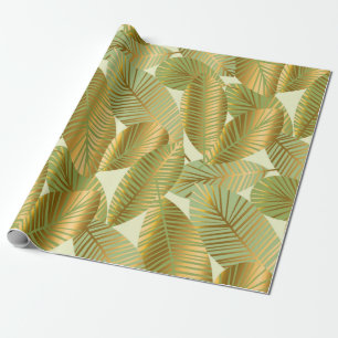 elegant gold exotic leaves seamless pattern on blu wrapping paper