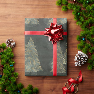 Elegant Gold Fairylight Pine Trees Christmas Wrapping Paper