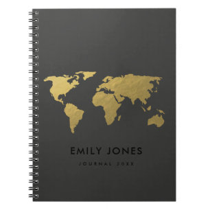 ELEGANT GOLD FAUX BLACK WORLD MAP PERSONALIZED SPIRAL NOTEBOOK