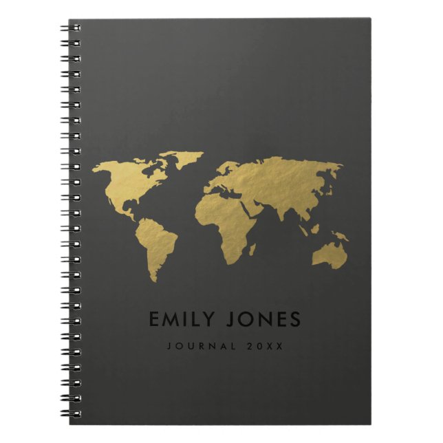 ELEGANT GOLD FAUX BLACK WORLD MAP PERSONALIZED SPIRAL NOTEBOOK (Front)