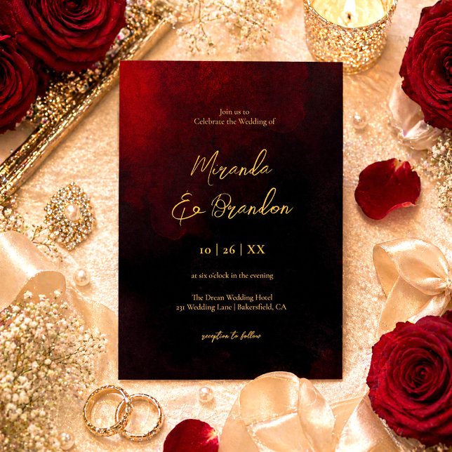 Elegant Gold Faux Foil Script Red Black Wedding Invitation (Creator Uploaded)