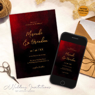 Elegant Gold Faux Foil Script Red Black Wedding Invitation