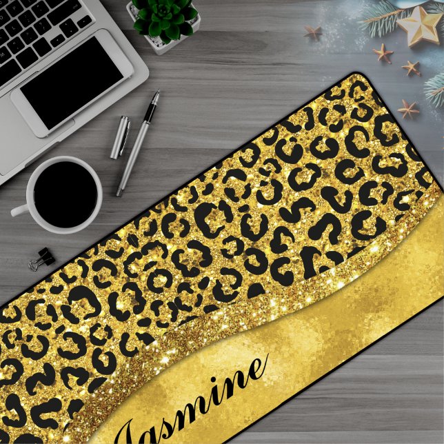 Elegant gold faux glitter animal print Monogram Desk Mat (Creator Uploaded)