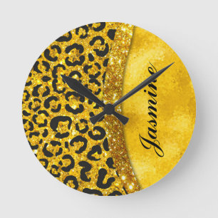 Elegant gold faux glitter animal print Monogram Round Clock
