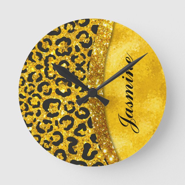 Elegant gold faux glitter animal print Monogram Round Clock (Front)