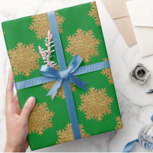 Elegant Gold Faux Glitter Snowflake Green Wrapping Paper