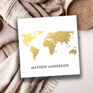 ELEGANT GOLD FAUX KRAFT WORLD MAP PERSONALISED SQUARE BUSINESS CARD