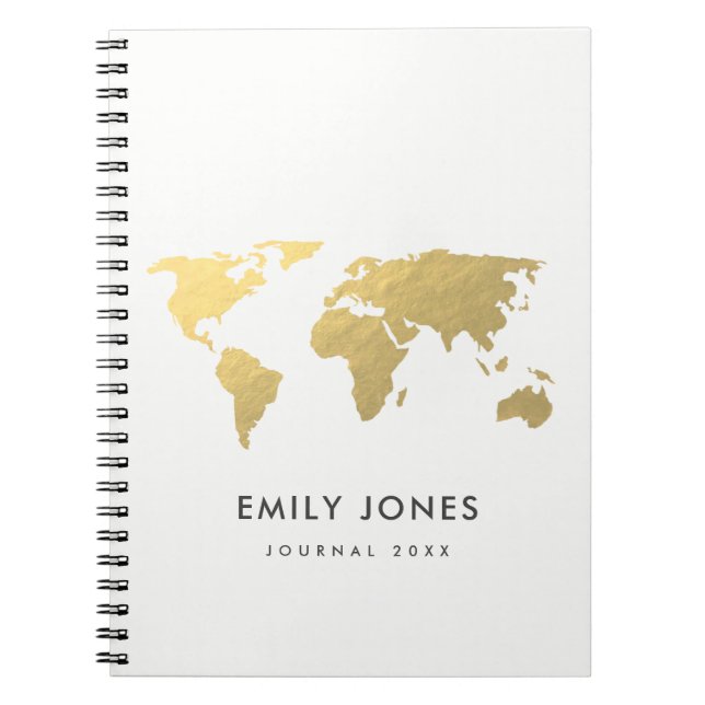 ELEGANT GOLD FAUX KRAFT WORLD MAP PERSONALIZED NOTEBOOK (Front)