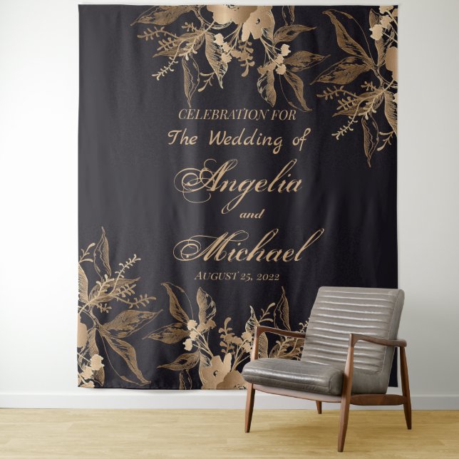 Elegant Gold Faux Metal Floral Arrangement Wedding Tapestry (In Situ)