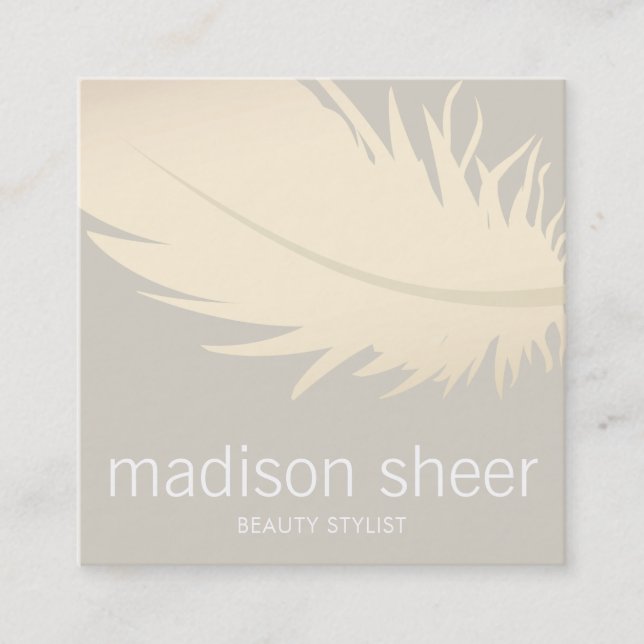 Elegant Gold Feather Beige Taupe Beauty Salon Square Business Card (Front)