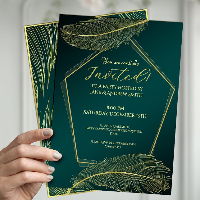 Elegant Gold Feather Geometric Invitation Card On  (Creator Uploaded)