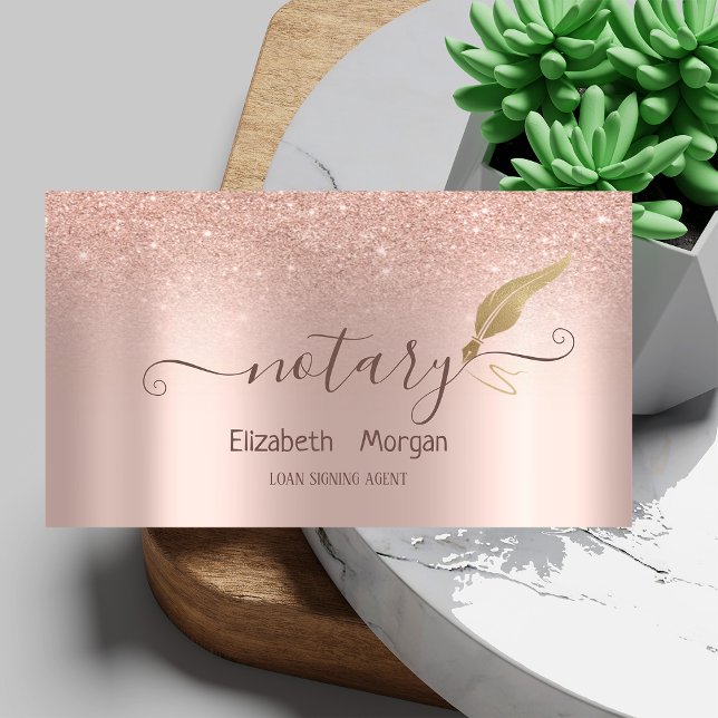 Elegant Gold Feather Notary Rose Gold Glitter Business Card (Creator Uploaded)