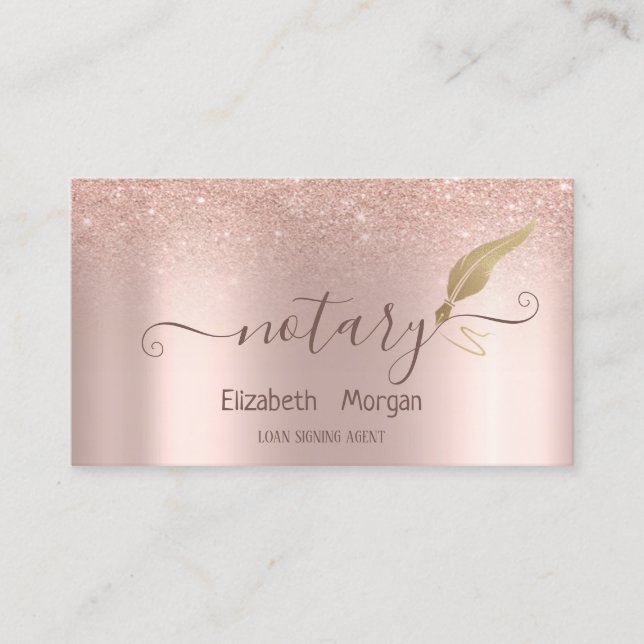 Elegant Gold Feather Notary Rose Gold Glitter Business Card (Front)