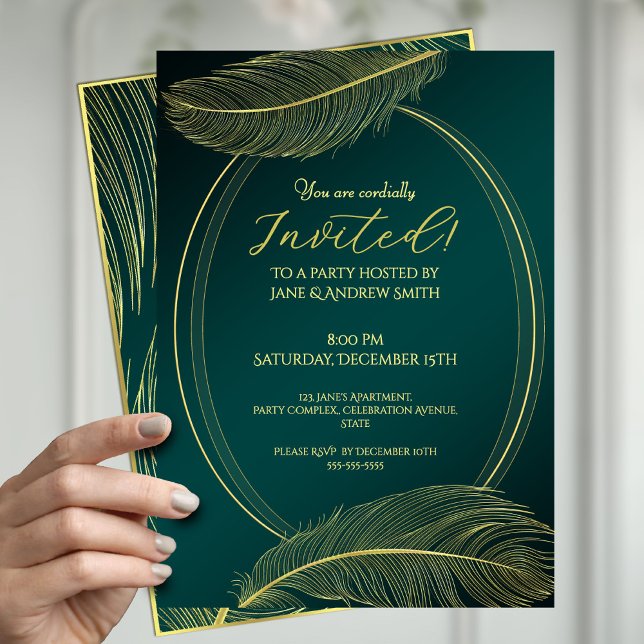 Elegant Gold Feather Oval Frame Invitation Card On (Creator Uploaded)