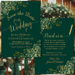 Elegant Gold Filigree Fancy Emerald Green Wedding Save The Date<br><div class="desc">These beautiful save the date cards will let your friends and family know about your upcoming wedding. They feature an elegant emerald green and gold design with ornate frills in the corners and fancy script calligraphy reading Save the Date with the names of the couple, wedding date and location. The...</div>
