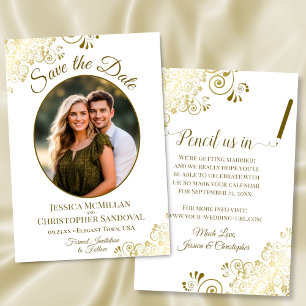 Elegant Gold Filigree on White Oval Photo Wedding Save The Date