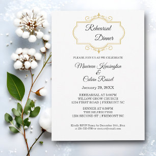 Elegant Gold Filigree on White, Rehearsal Dinner Invitation