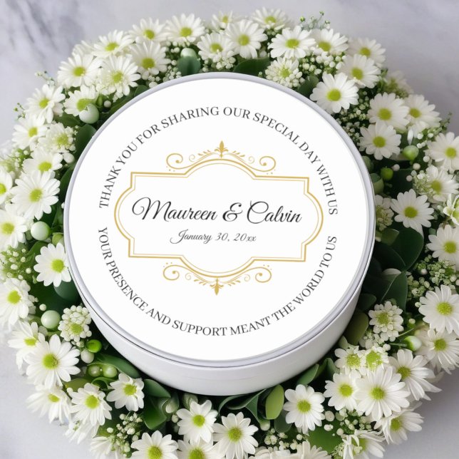 Elegant Gold Filigree on White, Wedding Classic Round Sticker (Creator Uploaded)