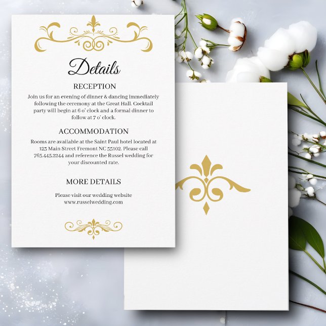Elegant Gold Filigree on White, Wedding Enclosure Card (Creator Uploaded)