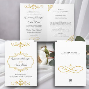 Elegant Gold Filigree on White, Wedding Invitation
