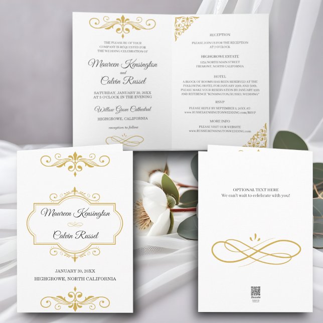Elegant Gold Filigree on White, Wedding Invitation (Creator Uploaded)