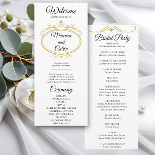 Elegant Gold Filigree on White Wedding Program Menu