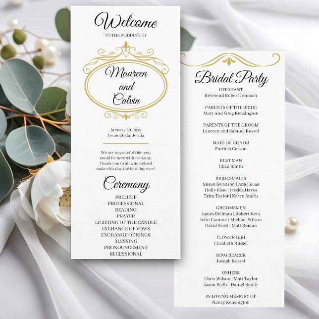 Elegant Gold Filigree on White Wedding Program Menu (Creator Uploaded)