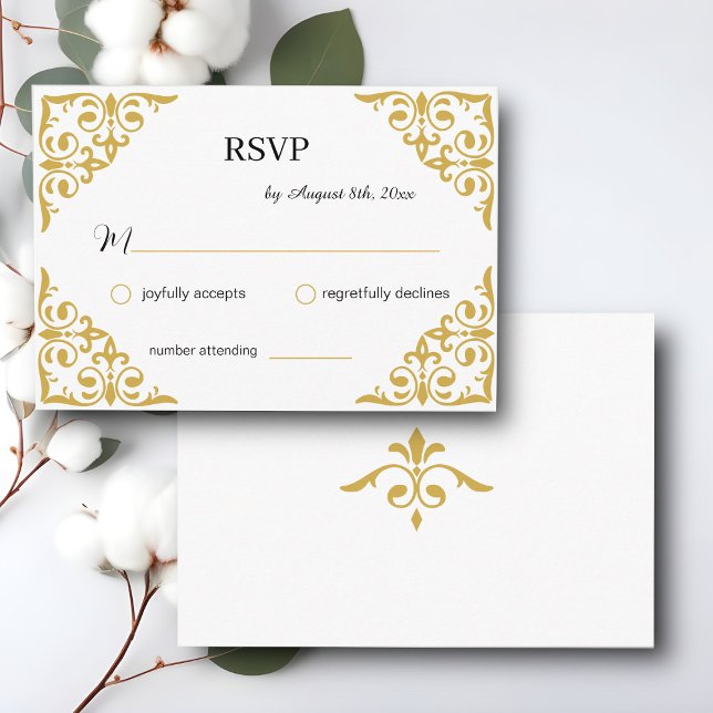 Elegant Gold Filigree on White, Wedding RSVP Enclosure Card (Creator Uploaded)