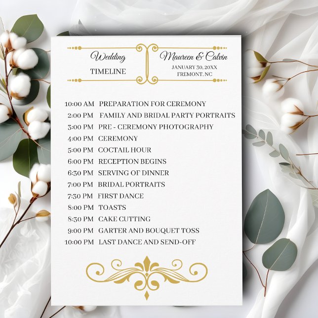 Elegant Gold Filigree on White, Wedding Timeline Programme (Creator Uploaded)