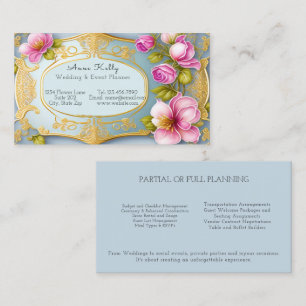 Elegant Gold Filigree Pink Wedding Event Planner Business Card