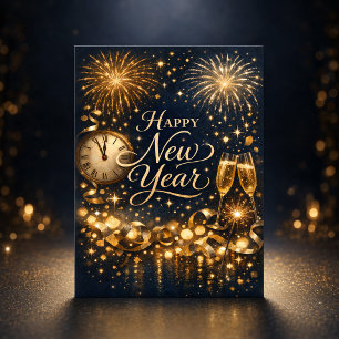 Elegant Gold Fireworks Midnight Happy New Year Holiday Card