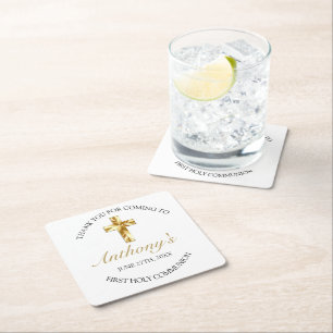 Elegant Gold First Holy Communion Thank You Square Paper Coaster