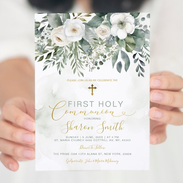 Elegant Gold First Holy Communion White Floral Invitation (Creator Uploaded)