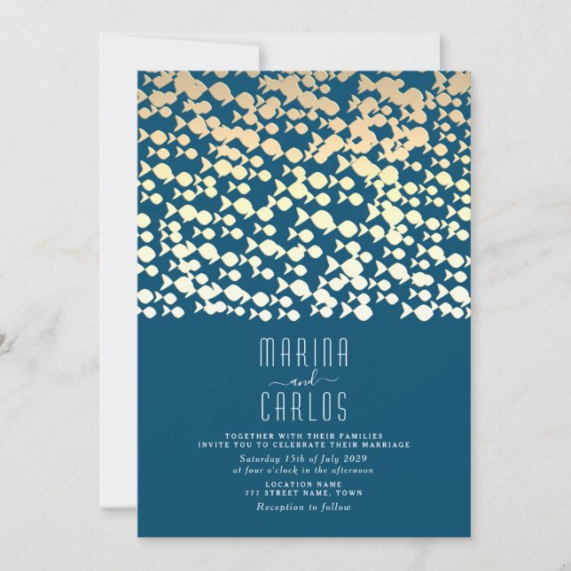 Elegant Gold Fish Pattern Beach Wedding Invitation (Front)