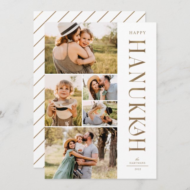 Elegant Gold Five Photo Collage Hanukkah   Holiday Card (Front/Back)